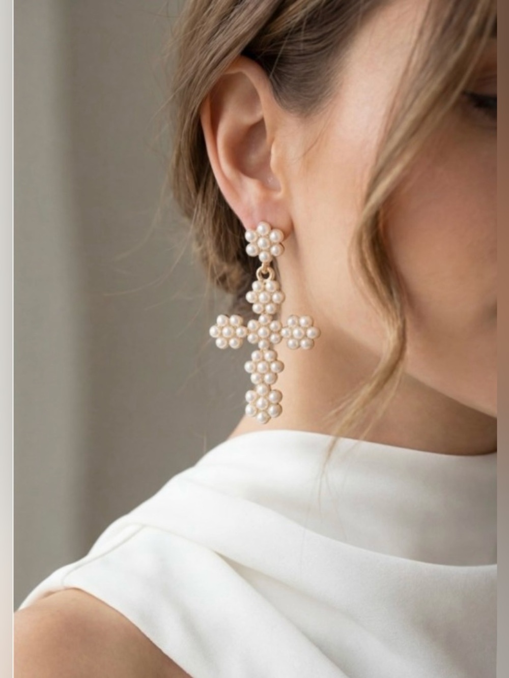 Pearl Cluster Cross Drop Earrings - Gold Tone
